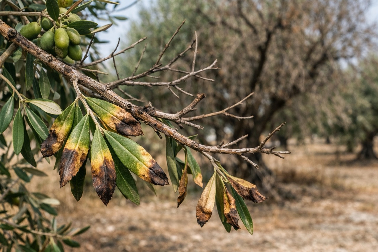 Gefahr für die Wirtschaft: Olivenbaum mit Xylella-Symptomen (Foto: ChatGPT)